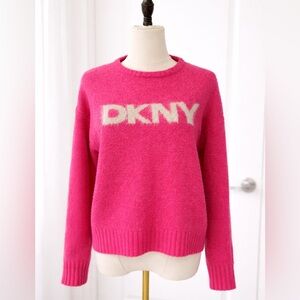 DKNY Pink Logo Sweater Size Large NWT Fuchsia Crewneck Knit